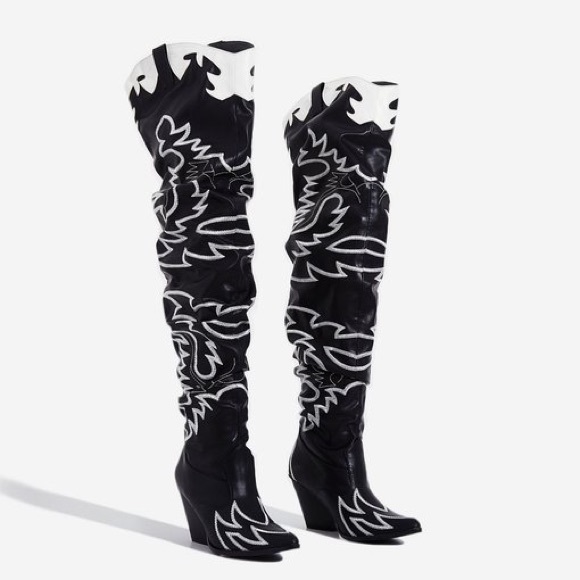 Kelsie embroidered western thigh high long boot in black faux leather Clearance